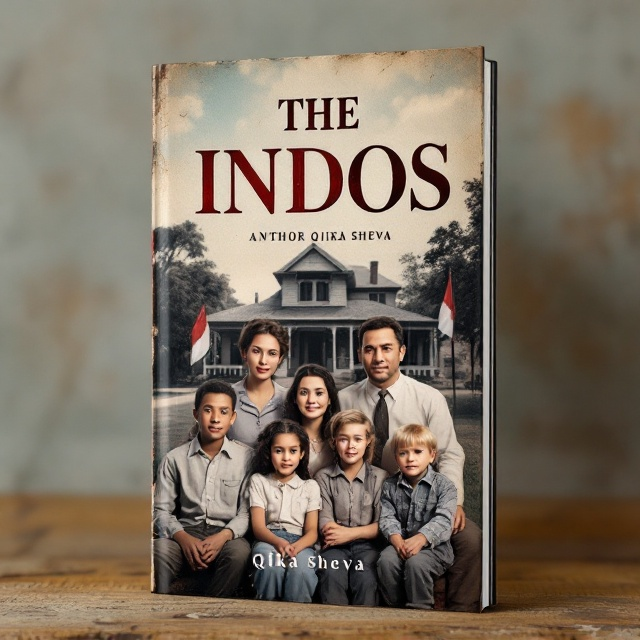 The book cover shows a colonial house in the background with an Indonesian flag fluttering next to it. In front of the house, seven family members are sitting together. The father has native features, the Dutch mother has short blonde hair, next to her is the first child, a boy with black hair, the second child is a girl with short brown hair and glasses, the third child has blonde hair in braids, the fourth child, a boy, has blonde hair, and the youngest child, the fifth girl, has long bangs. The background is set in the 1940s. Above the image, the title "THE Indos" is written large and bold, with the author's name "Qika Sheva" at the bottom.