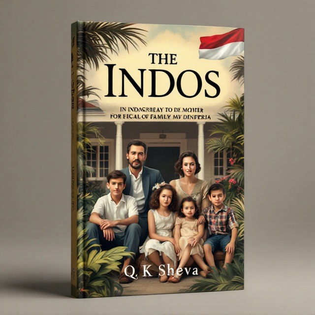 The cover features the family sitting in front of a colonial-era house, surrounded by lush tropical foliage that signifies the Indonesian setting. The father, with a deep, thoughtful expression, is pictured in traditional Indonesian attire, while the Dutch mother is portrayed in a classic Western dress of 1940s style. The children are positioned around them, each with distinct hairstyles, reflecting their mixed heritage. An Indonesian flag subtly waves in the top right corner, while the background is painted with a muted color palette to give a vintage atmosphere.