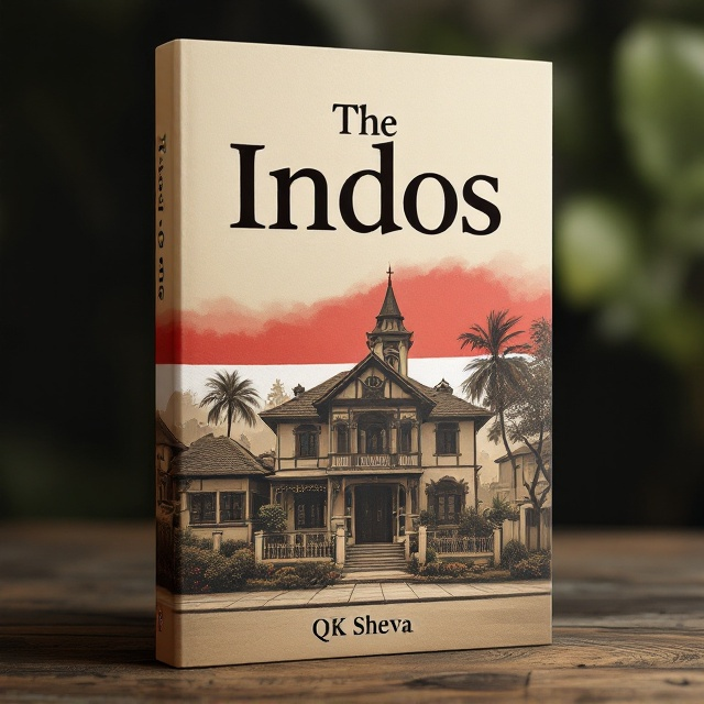 The cover features a sepia-toned illustration of a traditional Dutch colonial house set against a backdrop of the Indonesian flag, which subtly fades from the flag design into the house. The architecture of the house is detailed, highlighting the colonial era. The skyline blends with the flag's colors, creating a seamless transition from the historical building to the patriotic element.