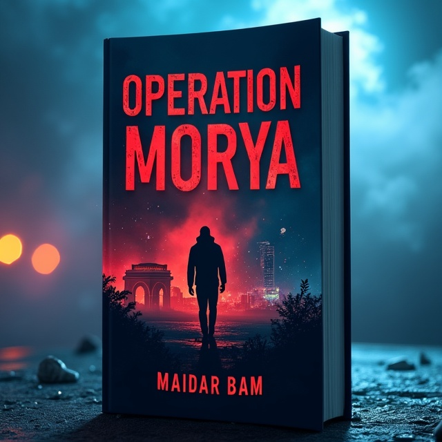 The cover features a dramatic silhouette of a mysterious intelligence operative prominently placed in the foreground, cast in deep shadow against the vibrant Mumbai skyline. Key landmarks like the Gateway of India and a portion of the BARC facility are subtly visible. The entire scene is enveloped in layers of smoky textures and swirling fog, enhancing the atmosphere of suspense. Faint data streams and the outline of a sniper scope intersect the scene, hinting at espionage, with very subtle Indian architectural motifs subtly integrated into the background. The primary color palette of deep blue and piercing red accentuates the thriller mood.