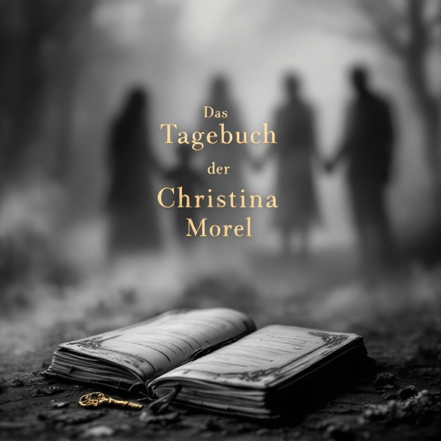 A black and white photograph of an old diary lies open in the foreground, a golden ornate key placed gently beside it. In the background, ghostly silhouettes of a family are subtly visible, blending into a misty and ethereal landscape, creating an intriguing contrast. The mist gradually transitions from dark tones at the bottom to lighter tones at the top, signifying a journey of emotions.
