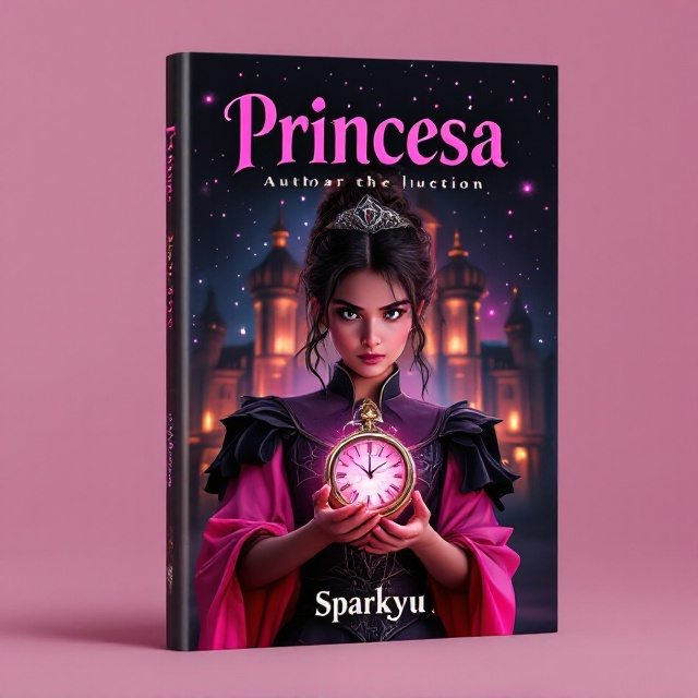 Dark pink and black hues dominate the cover with the imposing image of a grand palace in the background. In the foreground stands a young, determined princess with a defiant expression. She is holding an ornate pocket watch, glowing subtly with a magical aura, symbolizing her time-manipulating powers. The background fades into the night sky filled with sparkling stars, adding a mystical touch.