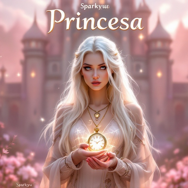 A beautiful white-skinned princess with long, blonde hair stands in front of a grand, ancient-looking palace. She holds a pocket watch that glows with a magical aura, symbolizing her ability to manipulate time. The background is a dreamy landscape with a pink and white color scheme, giving a fairytale ambiance. The palace is adorned with delicate, intricate details, conveying a sense of royalty and history. Shadows and light effects add depth and intensity to her contemplative and vengeful expression.