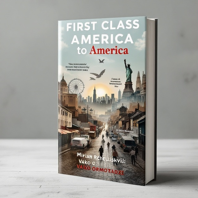The cover features a multi-layered collage that visually traces the migrant's journey. At the bottom, narrow cobblestone streets symbolize Tbilisi, transitioning upwards through iconic European landmarks like the Berlin TV Tower and Eiffel Tower, followed by an arid, rugged Mexican landscape. The top features a partially visible NYC skyline in the background with the Statue of Liberty subtly integrated. Dangerous elements like a shadowy figure representing cartels, a blurred border patrol, and a chilling detention facility are faintly visible. The overall color palette is muted tones with a hopeful light towards NYC.