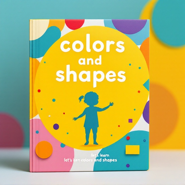 The cover features a colorful background with various shapes like circles, squares, and triangles in primary and secondary colors scattered across. Central focus is on a playful, large yellow circle that contains a silhouette of a child interacting with the shapes.