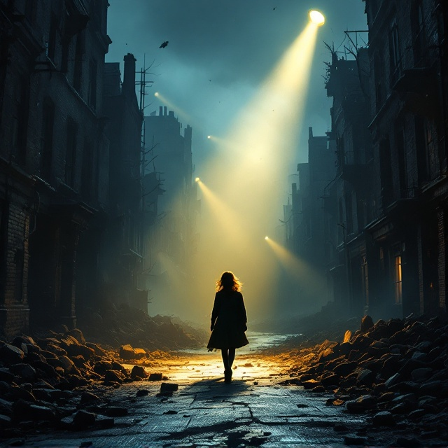An atmospheric nighttime scene with a bombed-out backstreet, rubble strewn over the cobblestone path. A courageous eighteen-year-old girl is depicted walking down the street, her silhouette emphasized by a unique spotlight breaking through the darkness, while multiple other beams search the sky. The backdrop is filled with dramatic shadows, and the buildings appear skeletal due to bomb damage. Ash and debris float in the air, illuminated by the spotlight.
