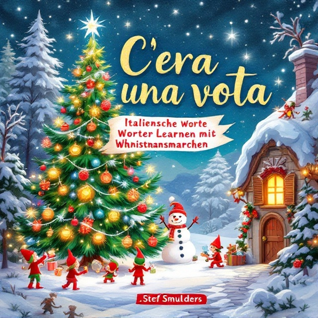 A vibrant and whimsical Christmas scene with a large, colorful Christmas tree as the focal point, decorated with twinkling lights and traditional ornaments. Snow gently falls in the background, with small, playful elves around the tree, working on little cloze puzzles. To the side, a snowman holds a banner with the book title. A cozy cottage with lighted windows adds warmth to the scene.