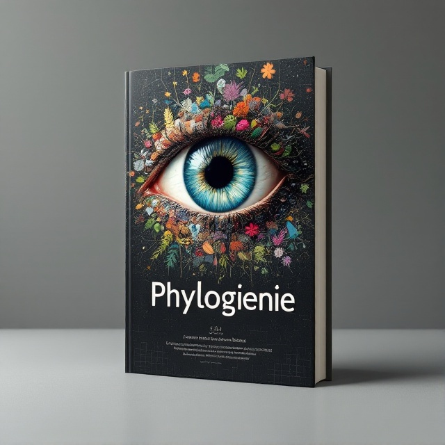 A central large eye occupying the top third of the cover, with various fractions of animals and plants merging together to form a mosaic pattern within the iris. The background transitions from dark to light, creating a visual depth. Subtle, intricate line patterns representing phylogenetic trees weave through the design, connecting the elements.