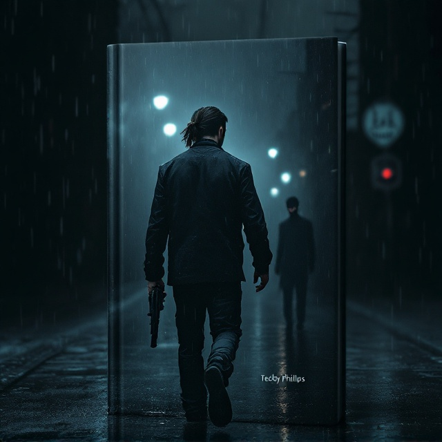 The cover features a pitch-black background with rain pouring down. Central to the cover is a man walking with his back slightly turned to the viewer. He has green eyes and shoulder-length dark brown hair tied in a ponytail, giving a serious facial expression. He holds a gun in his right hand, hanging by his side. In the background, a shadow figure of the man stands, grinning devilishly. The setting captures a lonely, ominous street with faint, eerie lights illuminating the rain.