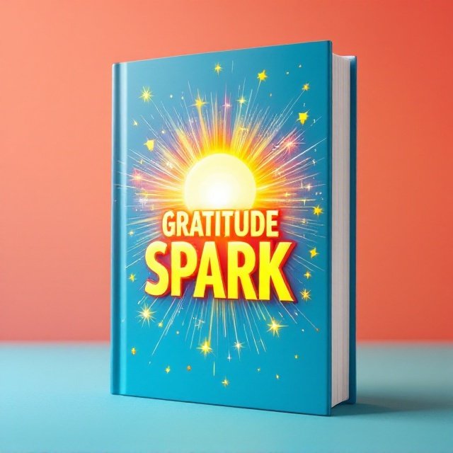 A bright and energetic theme with vivid colors like electric yellow, hot pink, and cobalt blue. Sparks and lightbulbs scatter across the cover, radiating from the center outwards. A dynamic burst effect in the background, giving a lively and inspiring feel. The title, "Gratitude Spark," is central, large, and surrounded by illustrations of sparks and lightbulbs.