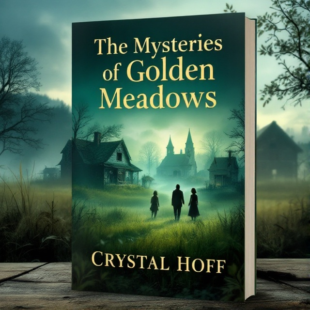 Illustrates an abandoned farm with overgrown grass and crumbling buildings bathed in soft, mysterious green and blue hues. The foreground features subtle silhouettes of elderly new friends, hinting at friendship and mystery. A faint mist lingers over the farm, enhancing the enigmatic atmosphere.