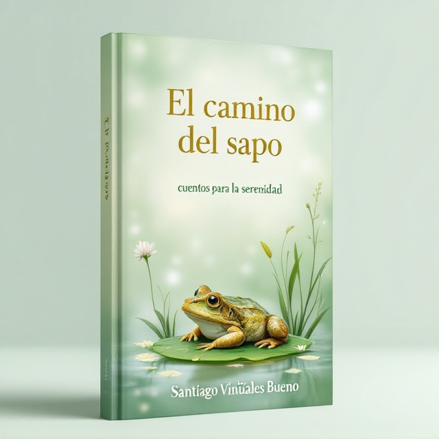 A serene and tranquil scene featuring a toad resting on a lilypad in a peaceful pond. The background showcases soft, light green hues with subtle shimmering water reflections. Delicate plants and reeds frame the lower part of the cover, creating a sense of calm and inner peace. The title, "El camino del sapo," is elegantly placed in the upper half, slightly off-center to the right. The author's name "Santiago Viñuales Bueno" is at the bottom in a smaller yet readable font.