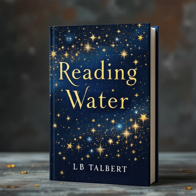 A dark indigo background featuring a sweeping Van Gogh-inspired celestial scene. The stars are rendered in vivid gold and silver metallic elements, creating a striking contrast against the dark backdrop. The title, "Reading Water," is integrated seamlessly into the star pattern, with the stars seemingly forming the letters. At the bottom of the cover, delicate craftsman period architectural details are subtly hinted at.