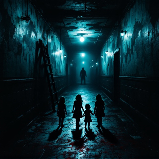 The cover depicts a dimly lit, seemingly endless hallway. The perspective lines stretch into the dark distance, with the hallway being somewhat narrow to evoke a claustrophobic sensation. Shadows dominate the scene, with only the stark outlines of three little girls at the center-left of the cover, looking towards the viewer with fright. At the far end of the hallway, beyond the reach of the sparse light, a monstrous silhouette looms. An old, rickety wooden ladder rests against one wall near the foreground, suggesting access to the ceiling. The background has a decrepit, peeling wallpaper and flickering light bulbs hanging.