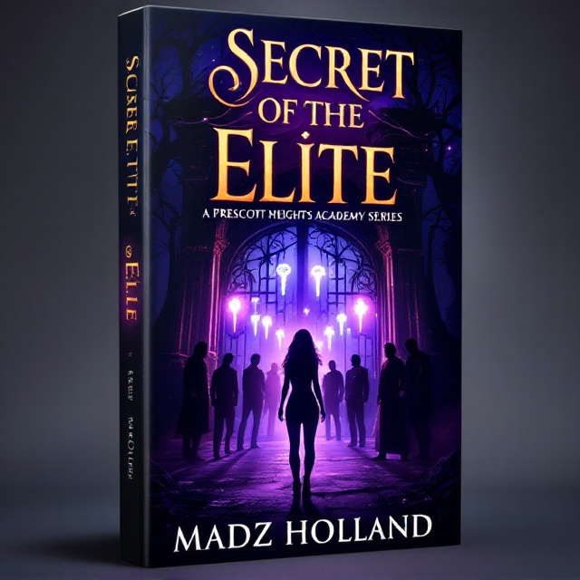 The cover features a dark, enchanted forest in the background with a towering, ancient academy gate partially visible. Six ethereal keys float in the foreground, with magical symbols faintly glowing around them. Shadows of six powerful figures stand on either side, their faces obscured, with a central female figure standing boldly in front of the gate. The cover is imbued with rich purples and deep blacks, giving it a mystical but dark vibe.