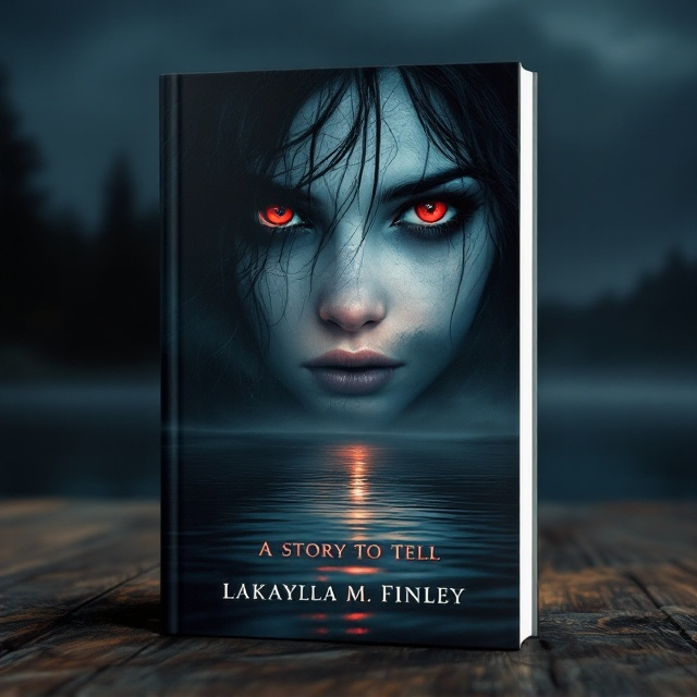 The cover features a haunting scene where the full moon is transitioning to set, casting an eerie glow over a tranquil lake. Dominating the sky is a spectral partial face of a girl, the focus on her blood-red eyes and cascading black hair. The dramatic contrast between the serene lake and the unsettling gaze captures the reader instantly.