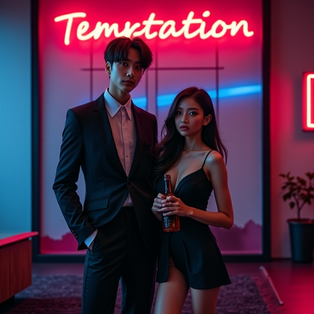 Park Jimin from BTS in a sharp, well-tailored, expensive suit stands confidently next to a pretty young girl sitting on a sleek office desk. The girl is holding a bottle of alcohol suggestively. The background seamlessly blends an upscale modern office with the seductive ambiance of a dimly-lit nightclub. Subtle pink and blue neon lights highlight the fusion of the two contrasting settings.