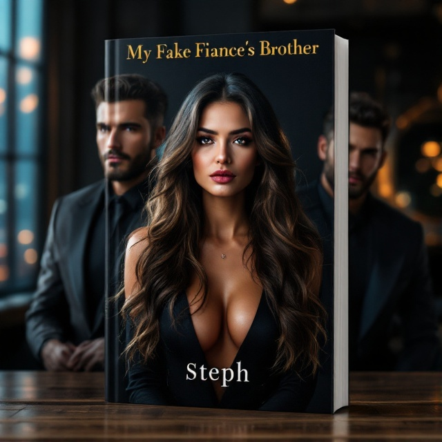 A beautiful woman with long flowing hair in the foreground, flanked by two handsome, sharply dressed billionaire men on either side. The background features a luxurious, dimly-lit, sophisticated setting with subtle hints of cityscape through large windows. The color palette includes deep blues, golds, and blacks to evoke mystery and sensuality.