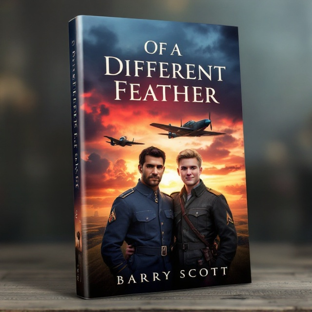The cover depicts a dramatic scene in the sky during a sunset. Two World War II fighter aircraft soar above two men standing close together. The background is a mix of vibrant reds, oranges, and purples from the setting sun. The two men, one dark-haired, muscular, and close-shaven in a blue RAF uniform, the other slim, blonde, smiling with blue eyes in a RAF pilot's uniform, stand grounded with determination and affection emanating from their expressions.