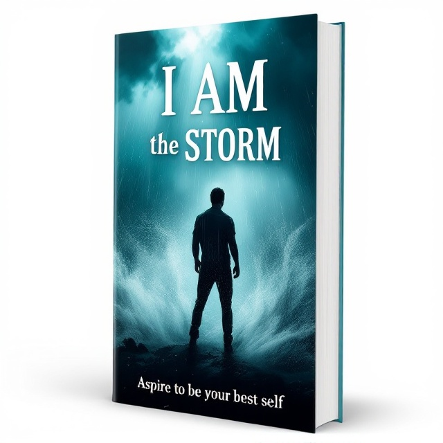 The cover features a powerful and dynamic image of a person standing strong amidst a storm, with wind and rain swirling around. The person’s silhouette is highlighted in a bold and dark shade to convey strength and determination. The background is a rich, teal color with subtle gradient effects to add depth. Light rays break through the storm clouds above, symbolizing hope and aspiration.
