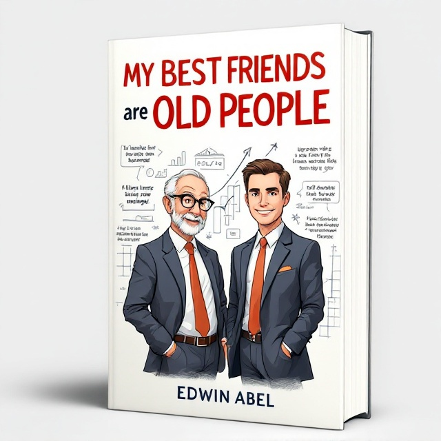 The cover features a business cartoon-style illustration with an old man and a young man standing side by side, both dressed in business attire. They have confident and determined expressions, emphasizing camaraderie and mentorship. The background includes subtle sketches of financial growth graphs and inspirational quotes faded behind them.