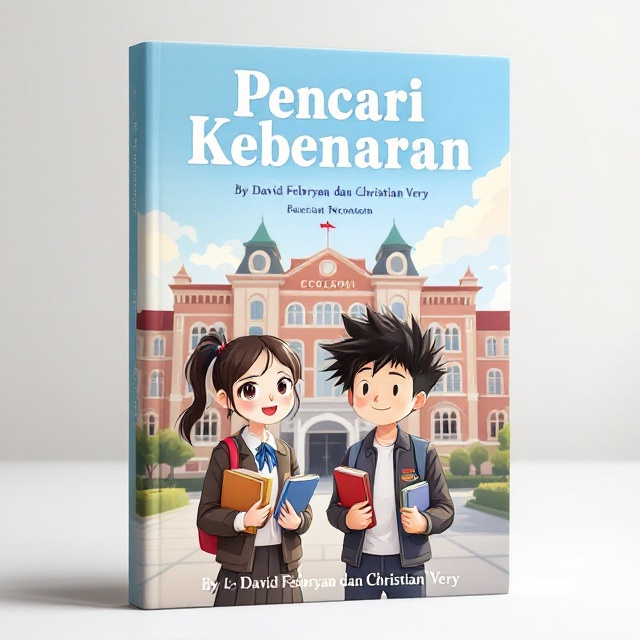 An anime-style illustration of a schoolgirl with a ponytail and a spiky-haired schoolboy in their school uniforms, standing in front of a large, detailed school building. The girl's expression reflects curiosity, the boy's expression reflects happiness, and they hold books in their hands. The background shows a clear school scene with bright skies and lush greenery.