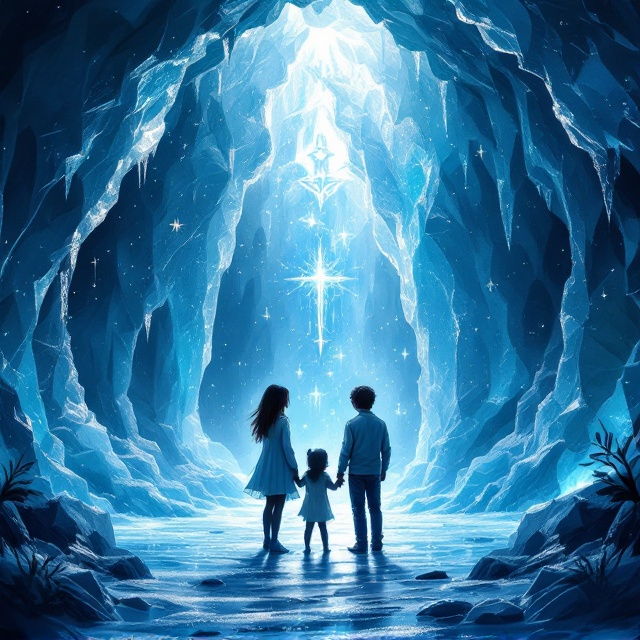 A serene and mystical icy cave setting, with formations of glimmering crystal ice on the walls and ceiling. A girl, a little girl, a boy, and a mystical cat are central figures, standing together with expressions of wonder and determination. Mythological elements such as ancient scripts and symbols subtly etched into the ice around them. Soft, ethereal light filters through the ice, casting a blue hue across the scene.