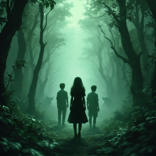 A misty green forest encompassing the background, featuring a solitary girl standing at the forefront gazing ahead with a melancholic expression. The three boys appear slightly behind her in different poses, two looking concerned and one looking brave. Engulfing shadows of mystical creatures hide within the depths of the forest, peeking through the foliage. Subtle light breaks through the treetops, casting an eerie glow.