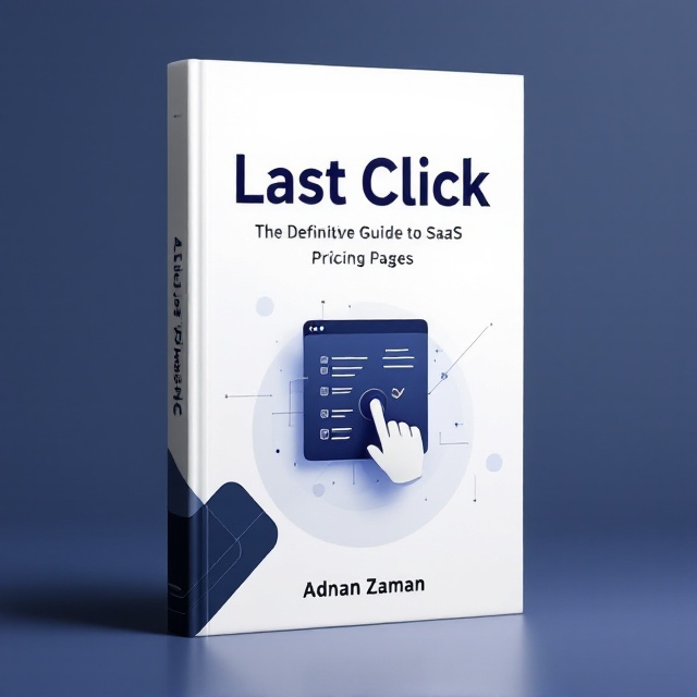 A sleek, modern design featuring a minimalistic, clean background with a sharp contrast color palette of white and dark blue. The focal point is an eye-catching graphic of a computer mouse icon clicking on a pricing table, symbolizing the "Last Click". Subtle gradients and geometric patterns enhance the tech aesthetic.