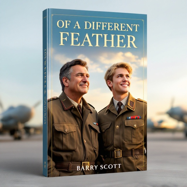 Two men in RAF uniforms stand shoulder to shoulder under a blue sky, gazing into the distance, representing unity and respect. Behind them, a vintage World War 2 airfield with aircraft provides historical context. The scene exudes a sense of honor and pride with a golden light suggesting early morning or dusk. The older man is dark-haired with rugged features and a 5 o'clock shadow, while the younger man is blonde and smiling, projecting warmth and hope.