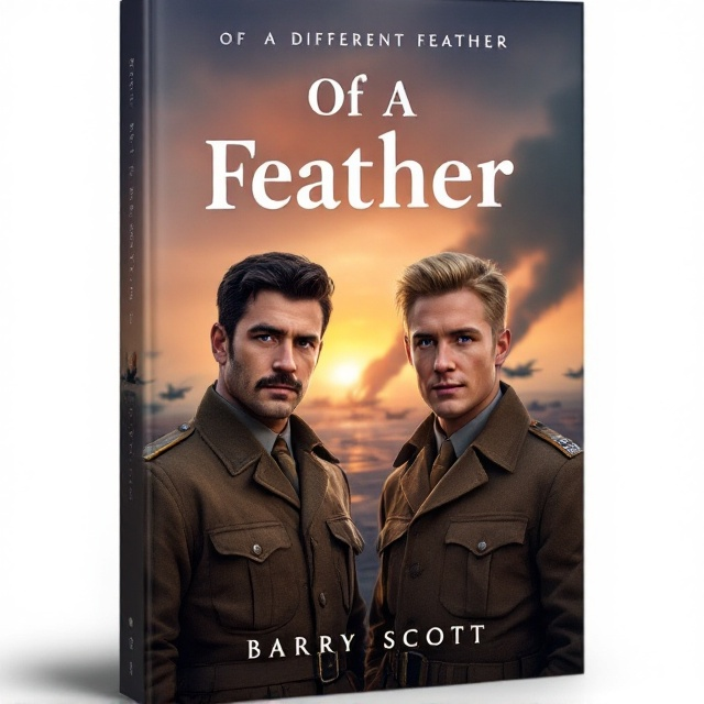 A dramatic scene depicting a World War 2 airfield at dawn with planes on the runway, smoke rising in the background. In the foreground, two men in RAF uniforms stand side by side—one dark-haired, muscular, with a 5 o'clock shadow; the other slim, blonde, and smiling with blue eyes. The sky showcases hues of orange and purple, capturing a sense of both the beauty and the gravity of the era.
