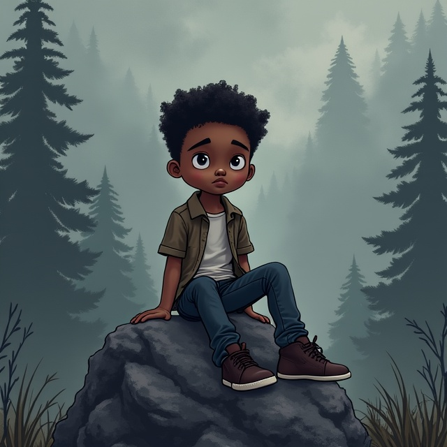 A somber gray background resembling rough stone texture enhances the scene. At the center, a young black kid dressed in casual, worn-out clothes is sitting on a rugged rock. His expression conveys self-deprecation, and he verbally expresses the phrase, "I'm a piece of shit, and an awful person." The setting in the background is a muted forest with shadows cast over the landscape to align with the gloomy sentiment.