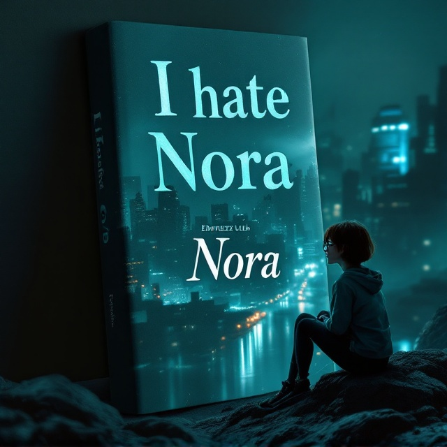 A dark grey and dark green toned cityscape serves as the background. In the foreground, on the right-bottom side, a girl with short brown hair, glasses, and hazel eyes is depicted sitting on a rock, looking thoughtfully into the distance. Blue accents are added to the city lights and reflections, creating a night-time, action-packed atmosphere. Subtle shadows and dynamic lighting emphasize the adventurous mood.