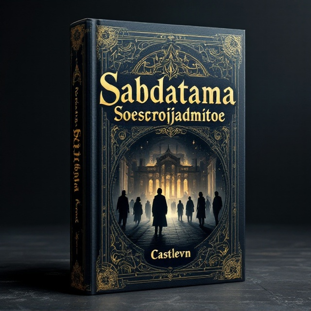 The book cover features a dark navy background with intricate golden patterns reminiscent of ancient Javanese and Sanskrit motifs. The central image is a silhouette of a grand ancient wizard school, with an air of mystique and magic. Around the silhouette, shadowy figures representing potential suspects of the Sosrojadmitoe family's murder are depicted in a thriller-style, blended seamlessly into the background.
