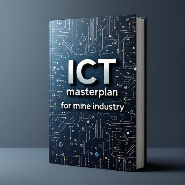 Abstract digital circuitry patterns overlaying the front cover, with interconnected nodes and lines representing a technological network. The background features a gradient of deep blue fading into a metallic grey, hinting at the mining industry. Small, stylized icons of mining tools and ICT symbols are subtly integrated into the circuitry design, adding layers and depth.