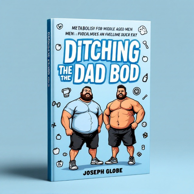 Two comic-style illustrated men with middle-aged physiques occupy the center of the cover. One man has a typical "dad bod" and the other is fit, both are depicted engaging in physical activities like running or lifting weights. Around them, smaller icons of gym equipment (dumbbells, jump ropes, etc.) and healthy foods (apples, salads, etc.) are scattered at the edges. Light blue serves as the background color, with black silhouettes and outlines for a bold contrast.