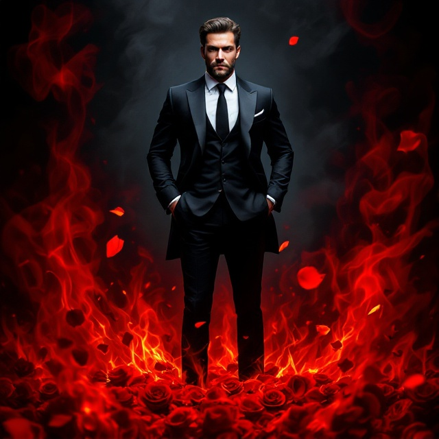 At the center of the cover, a powerful male figure in a tailored black suit stands confidently, surrounded by swirling red and black smoke. At his feet, bright red rose petals scatter forward, gradually giving way to flickering flames rising at the bottom. The background is predominantly black with a hint of red gradient on the edges.