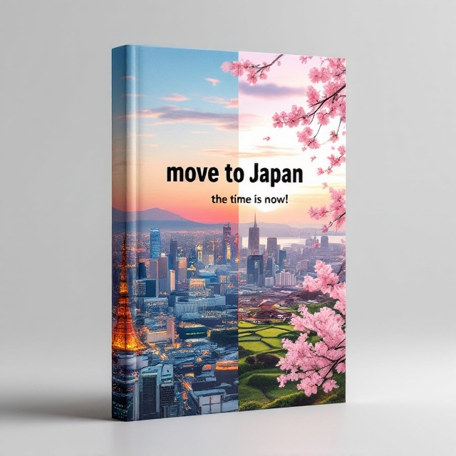 The cover features a split image to represent the contrast between Japan’s bustling city life and serene rural landscapes. The left side showcases a vibrant skyline of Tokyo with futuristic skyscrapers and busy streets. The right side depicts picturesque countryside with traditional houses, rice fields, and cherry blossom trees. The background merges seamlessly in the middle, harmonizing the two halves.