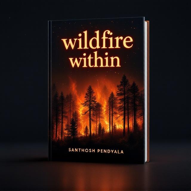 A dark, moody night sky with subtle stars provides the background. In the foreground, a forest is engulfed in a raging wildfire, the flames casting an intense orange glow and illuminating tree silhouettes. The title "wildfire within" is seamlessly integrated into the scene, with the words appearing as if they are part of the fire itself, glowing and flickering with the intensity of the blaze.