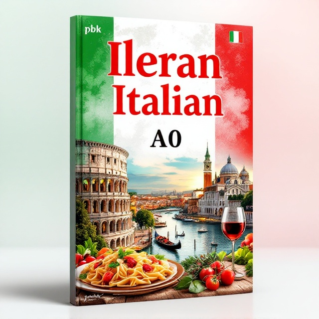 A vibrant cover with an image of the Italian landscape, including famous landmarks such as the Colosseum and a gondola in Venice, to evoke a sense of travel and adventure. The background features a blend of the Italian flag's colors – green, white, and red – softly faded to allow the text to stand out clearly. Subtle elements of Italian culture such as a plate of pasta and a glass of wine are incorporated into the design to hint at the gastronomic journey.