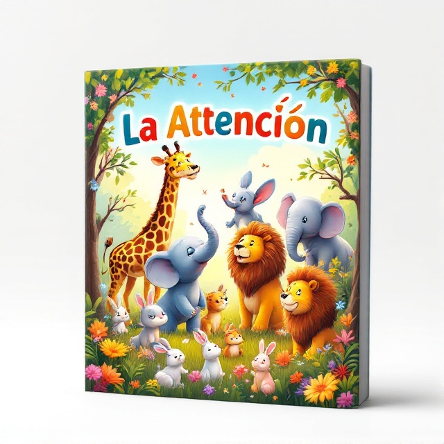 A vibrant scene where elephants, giraffes, lions, and rabbits are playing joyfully together in a lush meadow. Trees filled with colorful flowers and bright sunlight shining through the leaves. The animals are arranged in a semi-circle, engaging in playful activities that exude joy and curiosity.