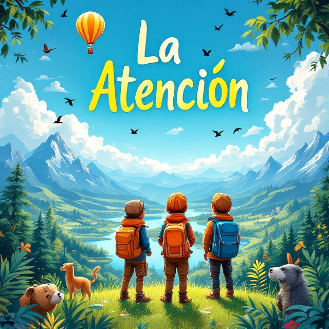 The cover showcases a vivid scene of children in adventure gear, with backpacks, standing on a grassy hill overlooking a diverse landscape that includes mountains, forests, and lakes. The children, positioned at the center, are gazing into the horizon with expressions of curiosity and excitement. Above them, a hot air balloon floats against a backdrop of a bright blue sky, dotted with fluffy clouds and birds. Surrounding the landscape, there are illustrations of animals, maps, and jungle foliage that add an element of exploration and discovery.