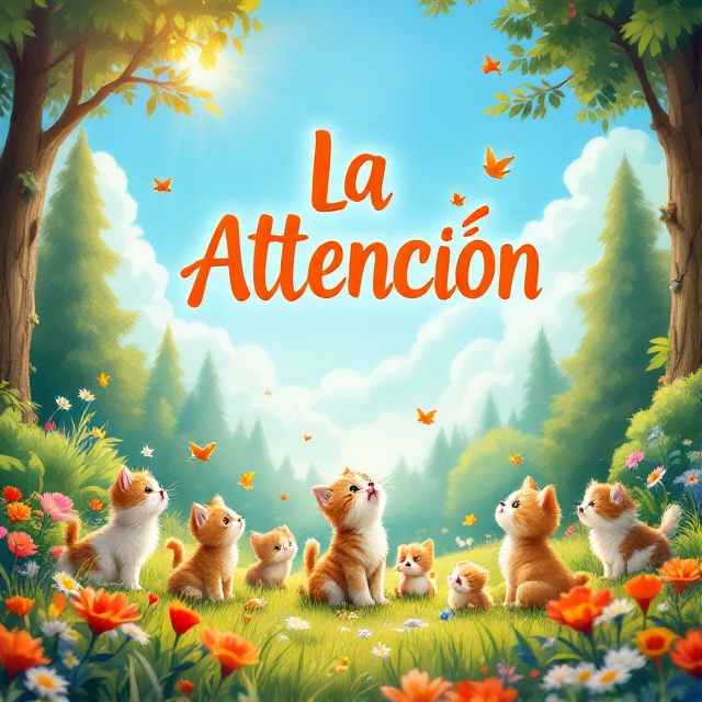 A dynamic forest scene with kittens, puppies, and birds interacting joyfully, nestled amidst a backdrop of vibrant greenery and brightly colored flowers. The animals are portrayed in playful poses, with some chasing butterflies and others exploring their surroundings. The sky is a gradient of blue with fluffy white clouds, and rays of sunshine cast a warm, inviting glow over the entire scene.