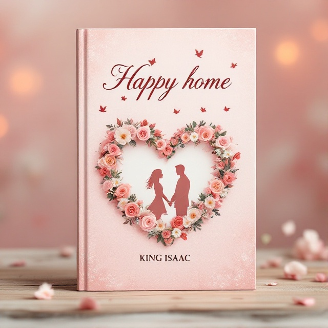 A soft pastel pink background with subtle white floral accents. The center features a heart-shaped medium-sized patch of blooming roses and daisies. Silhouettes of a loving couple holding hands overlap the heart shape. Small birds fly around the top.