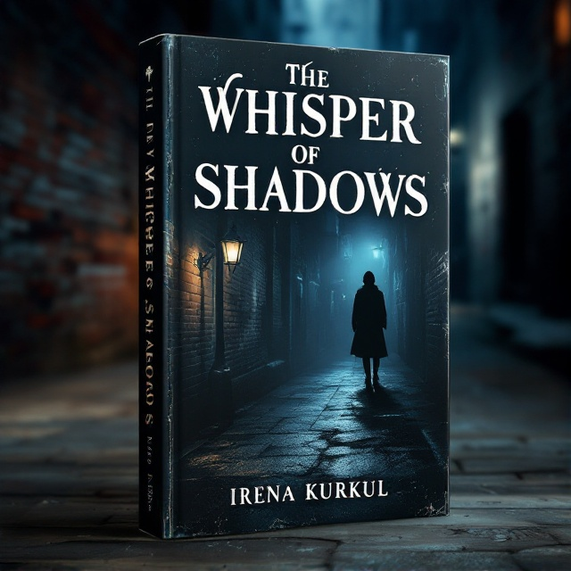 The cover features a dimly lit alleyway with shadows creeping against the old brick walls. A vintage streetlamp casts a subtle glow, revealing a silhouette of a mysterious figure. The shadows seem to whisper secrets, adding to the enigmatic feel. The color palette includes deep blues, grays, and a hint of rust, resonating with the crime and mystery theme.