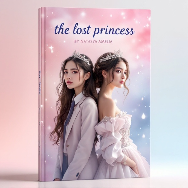 The cover features two women standing side by side yet slightly apart, both set against a dreamy, ethereal background blending light pink and light blue hues. One woman is dressed in a contemporary school uniform, looking somewhat wistful, while the other is adorned in a stunning gown and a delicate crown, symbolizing her royal stature. Above them, faint glimmers of light and soft, swirling patterns add a touch of fantasy. The sad undertone is illustrated through subtle teardrop motifs within the design.