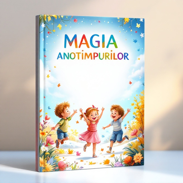 A picturesque scene displaying children joyously playing around and experiencing the four seasons. In the background, the seasons transition seamlessly from spring's blooming flowers to summer's sunny beaches, autumn's falling leaves, and winter's snowy wonderland. Each season is depicted vibrantly with magical elements such as fairy lights, butterflies, glowing snowflakes, and colorful rainbows.