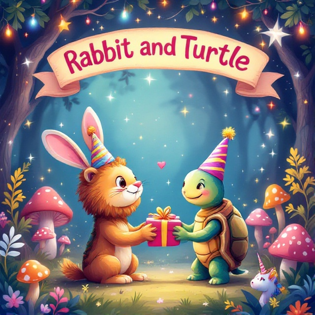 A whimsical, colorful illustration showcasing a joyful scene of a rabbit and a turtle, wearing festive hats, gifting a present to a smiling lion on his birthday. The background features a vibrant, magical forest with sparkling fairy lights and various fantasy elements like mushrooms and unicorns.