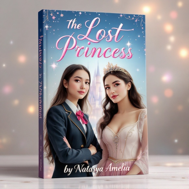 The cover features two women standing side by side against a dreamy background. One woman wears a school uniform with a look of determination, while the other dons an elegant gown and a tiara, exuding grace. The background includes subtle elements like a castle in the distance and magical sparkles surrounding the characters.