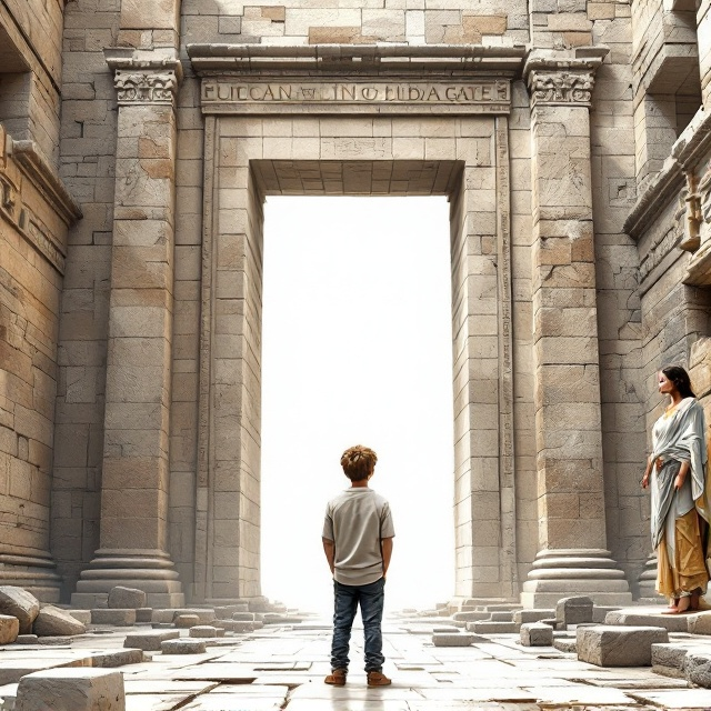 A modern boy stands in awe in front of the imposing Mycenaean walls, specifically the iconic Lion Gate. Behind him, an ancient girl from the Mycenaean period is subtly seen, almost ghost-like, blending into the background, creating an intriguing interplay between the past and present. The backdrop is primarily white with fine details of the ancient architecture in subtle, muted tones.